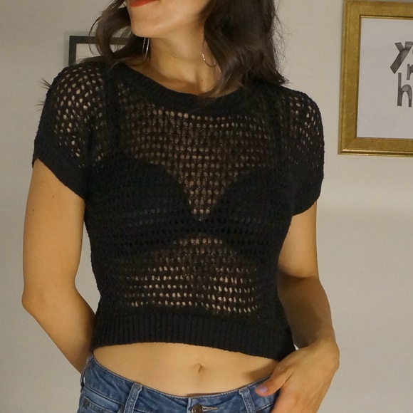 Black See Through Short Sleeve Crew Neck Crop Top Size S - Picture 1 of 8